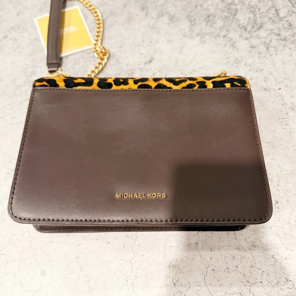 NEW Michael Kors Jade Large Gusset Crossbody Leopard Leather Handbag